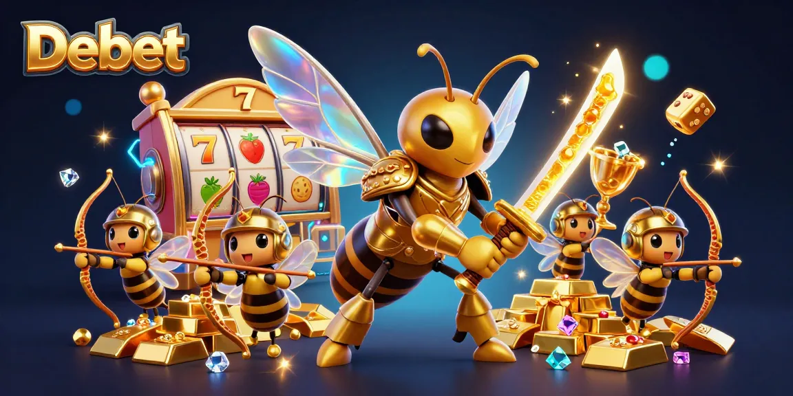 Experience the excitement of Debet with a vibrant 3D casino illustration featuring a golden hornet samurai and captivating slot reels.