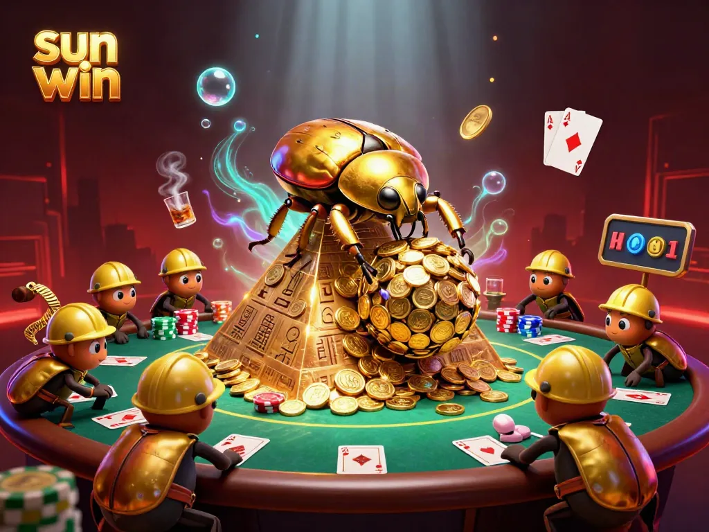 Experience thrilling gaming at sun win with a dynamic scene of beetles and casino elements.