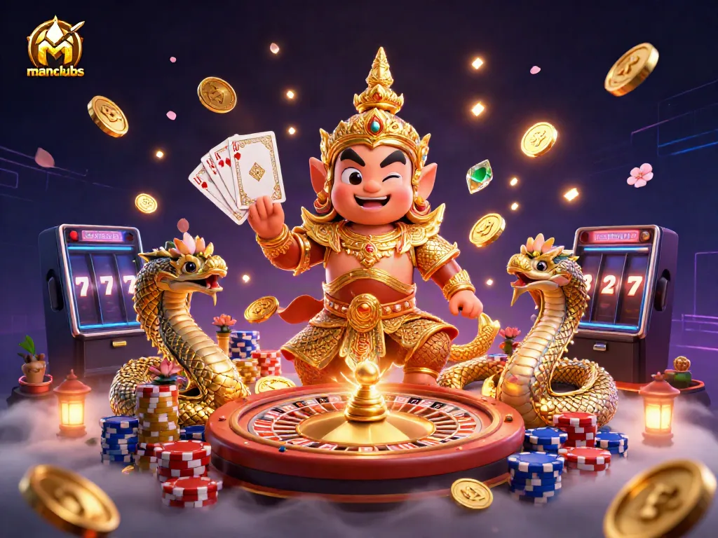Experience excitement at manclubs with a flamboyant cartoon yaksha and treasure-filled casino visuals.
