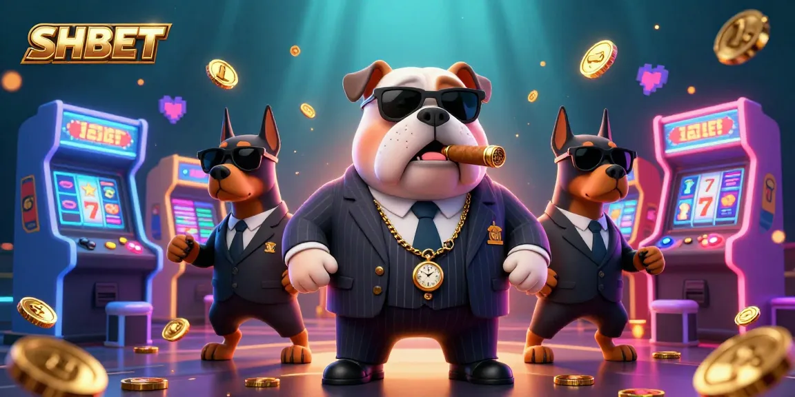 Experience thrilling gaming with SHBET's vibrant 3D casino scene featuring a bulldog boss and Doberman bodyguards.