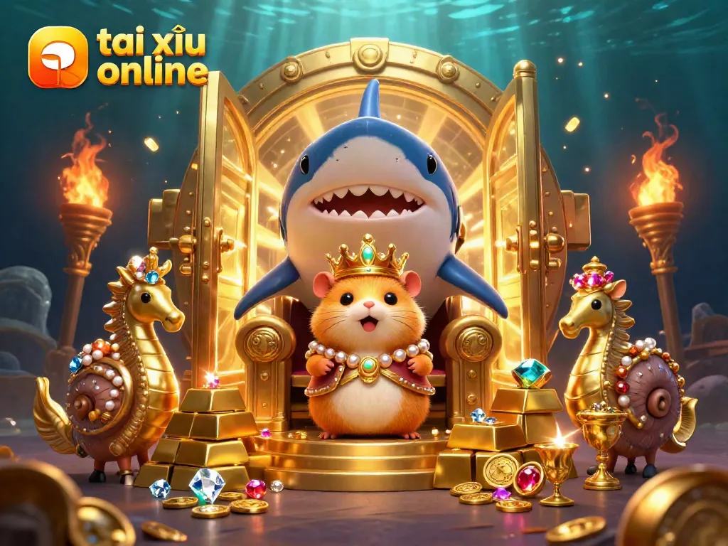 Experience the excitement of app tài xỉu online with vibrant treasures and royal characters in a dynamic scene.