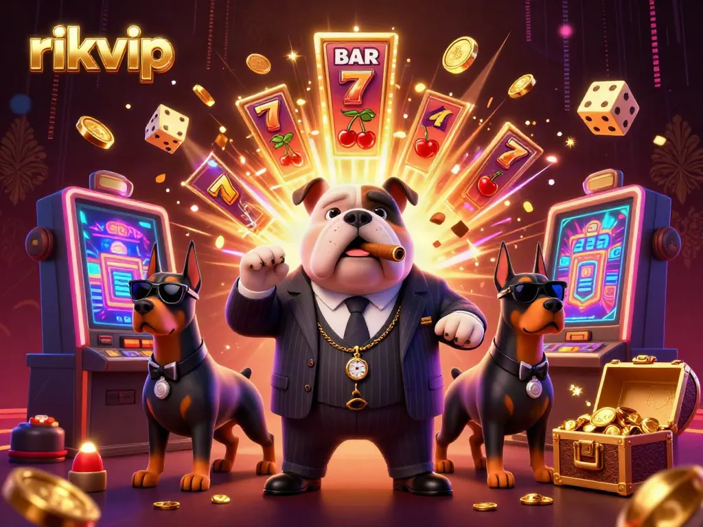 Engage with thrilling adventures at rikvip through a vibrant 3D illustration of a mafia bulldog surrounded by slot machines.
