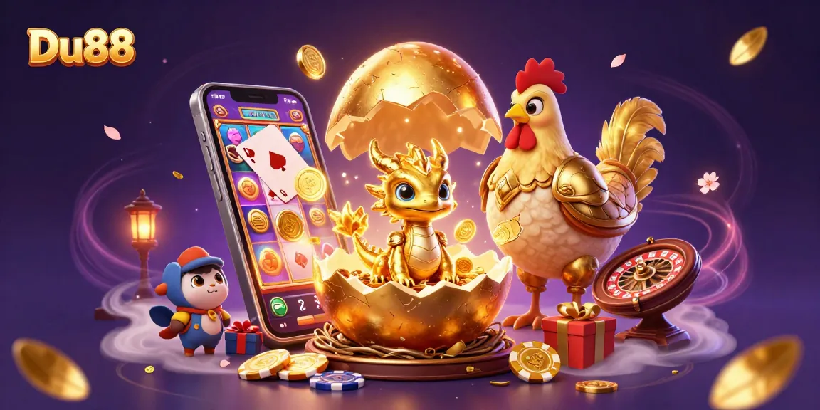 Experience thrilling Du88 gaming with a cartoon dragon guarding golden poker chips amidst vibrant casino elements.