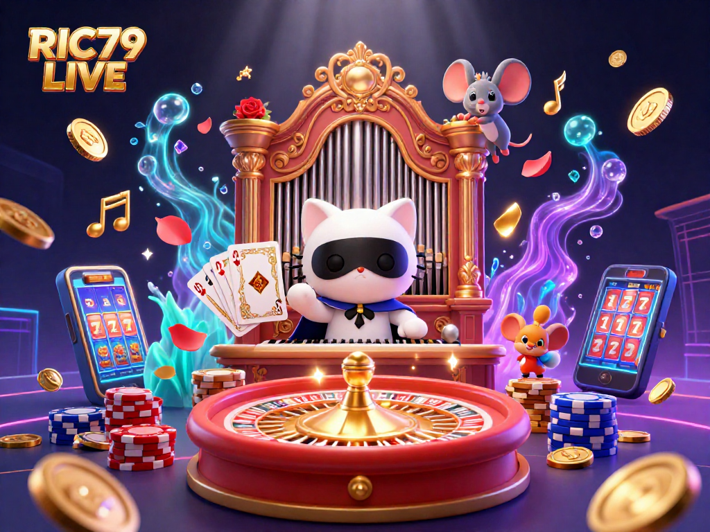 Experience the excitement of RIC79 LIVE with this dynamic casino illustration showcasing thrilling games and vibrant energy.