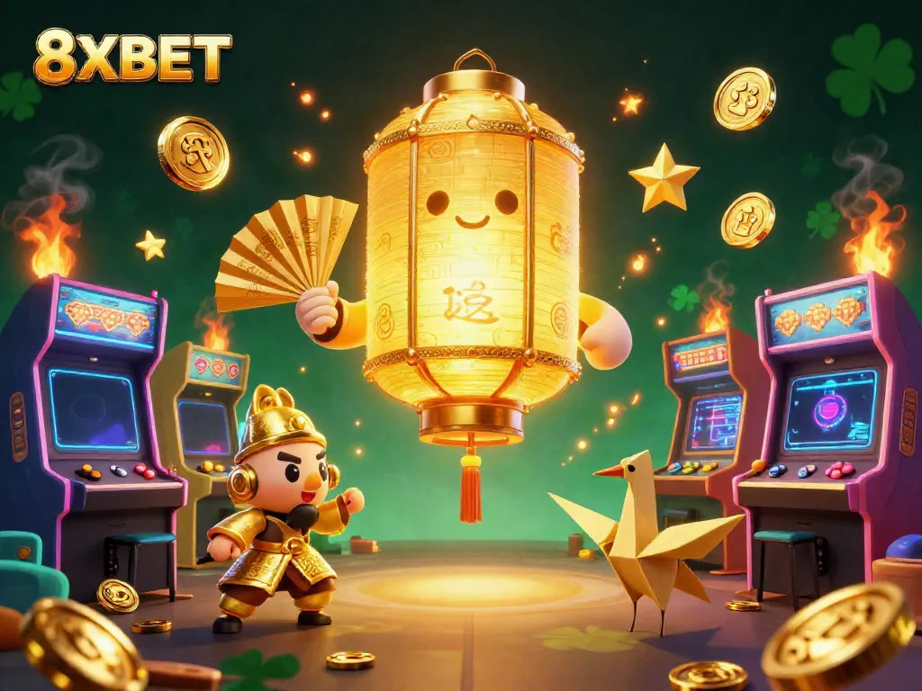 Experience excitement with 8XBET's vibrant casino scene featuring animated characters and game elements.
