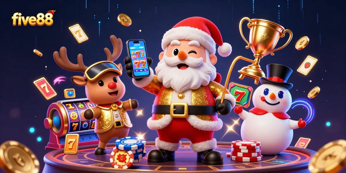 five88 players enjoy jackpot slots with a festive cartoon Santa and friends in a vibrant casino scene.