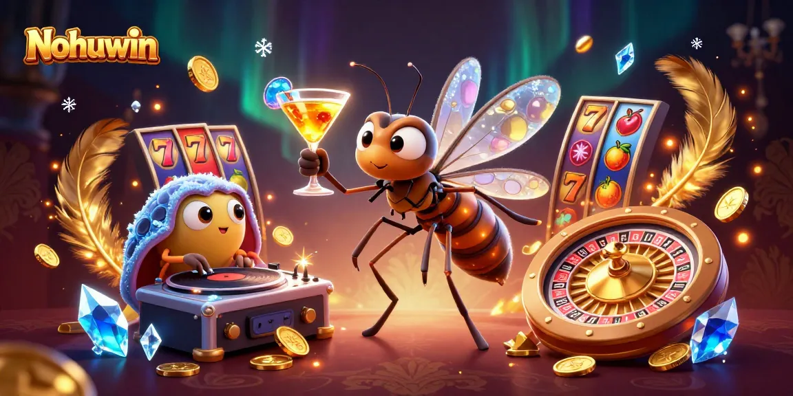 Nohuwin casino mascot in vibrant illustration, showcasing immersive slots gameplay with dynamic symbols.