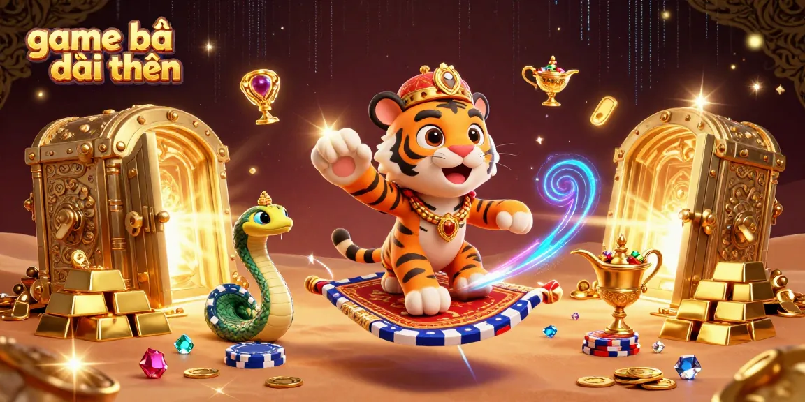 Experience thrilling game bài đổi thưởng with a vibrant tiger sultan on a magical flying carpet amid treasures.