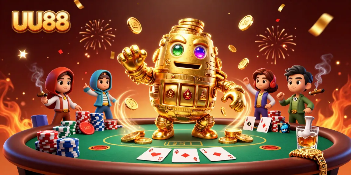 Engage with UU88's vibrant casino scene featuring a golden golem and poker elements.
