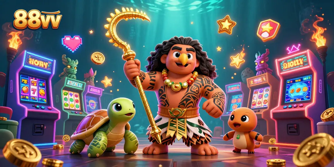 Spin and win with 88vv in a vibrant, animated casino slot gaming scene featuring colorful characters.