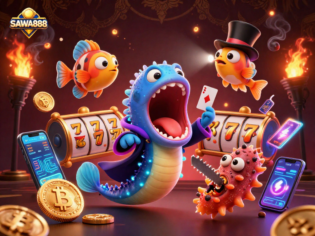 Watch the SAWA888 gulper eel showcasing thrilling slot tricks amidst glowing crypto coins and vibrant underwater magic.