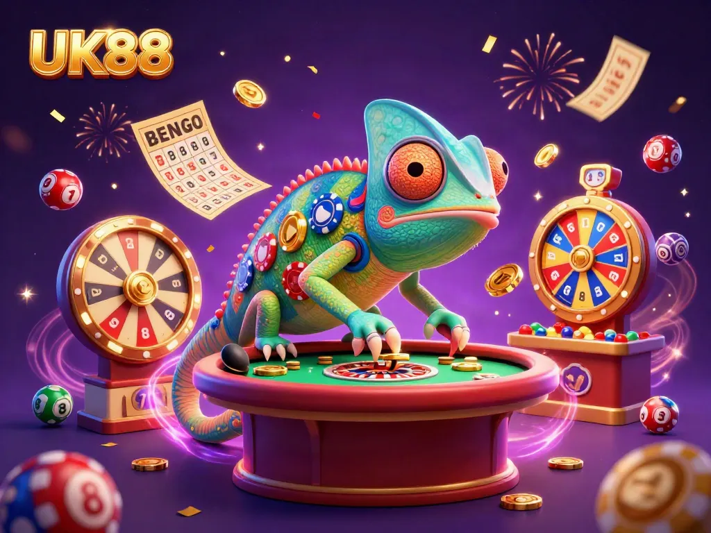 Experience the excitement of UK88 with a dynamic chameleon casino owner and colorful gaming elements.