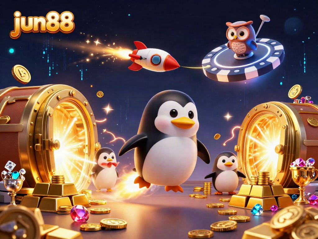 Join the excitement at jun88 with a rocket penguin racing to a vibrant casino!