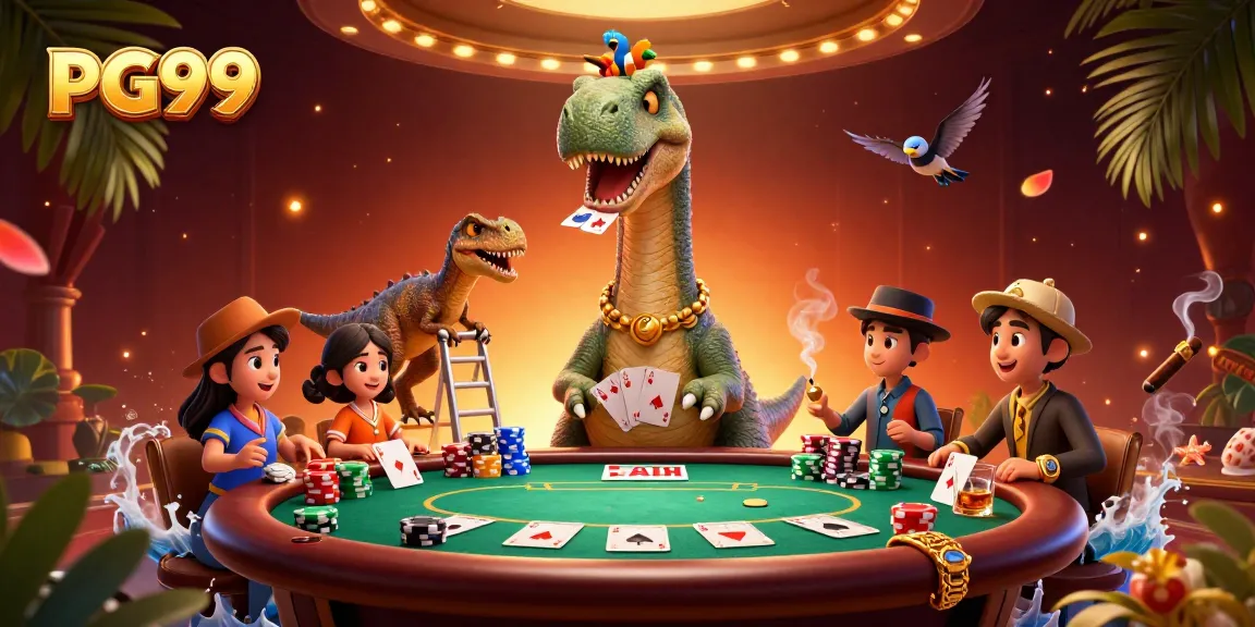 Experience thrilling poker action at PG99 with a brontosaurus dealer and vibrant casino atmosphere