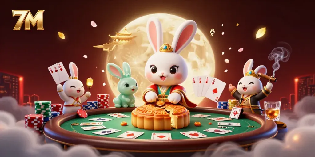 Engage with 7M as a moon rabbit symbolizes winning at poker, surrounded by vibrant casino elements.