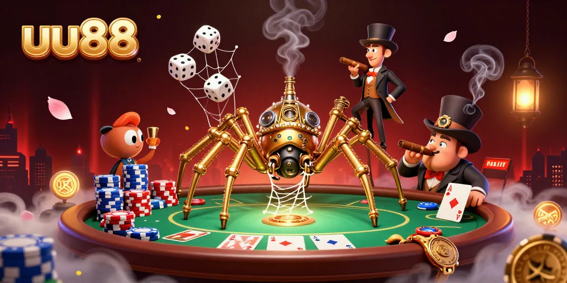 Engage in thrilling gameplay at uu88 with a vibrant, dynamic 3D casino scene featuring poker elements.