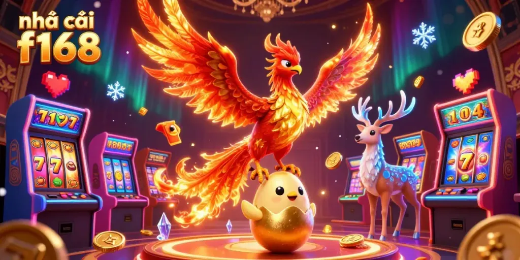 Engage with thrilling moments at nhà cái f168, featuring a vibrant casino scene with iconic gaming elements.