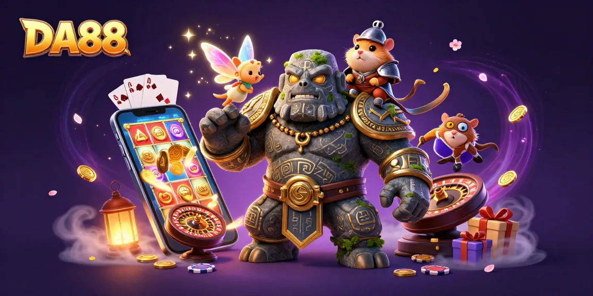 Engage with DA88 as the ancient golem guardian meets a charming fairy and a brave hamster knight in this vibrant casino scene.