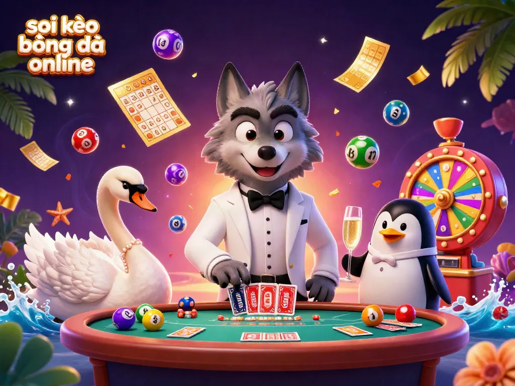 Soi kèo bóng đá online illustration with cartoon characters enjoying a vibrant casino atmosphere.