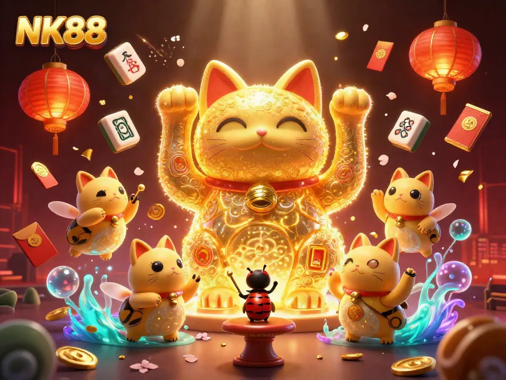 Experience NK88 with a dynamic scene of a lucky cat surrounded by vibrant casino elements.