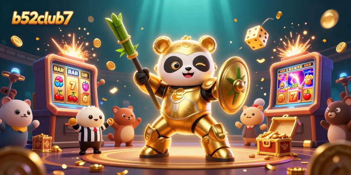 Experience the vibrant world of b52club7 with a dynamic 3D illustration showcasing exciting casino games and jackpots.