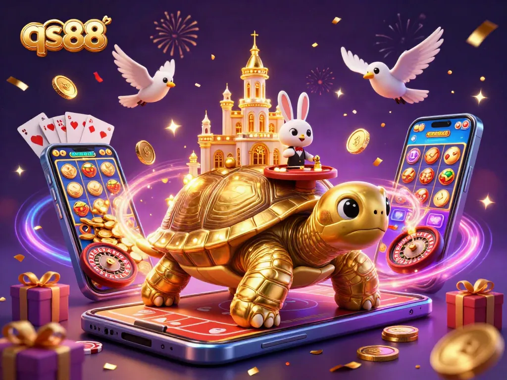 Experience the excitement of qs88 casino with a golden tortoise, dealer, and vibrant games.