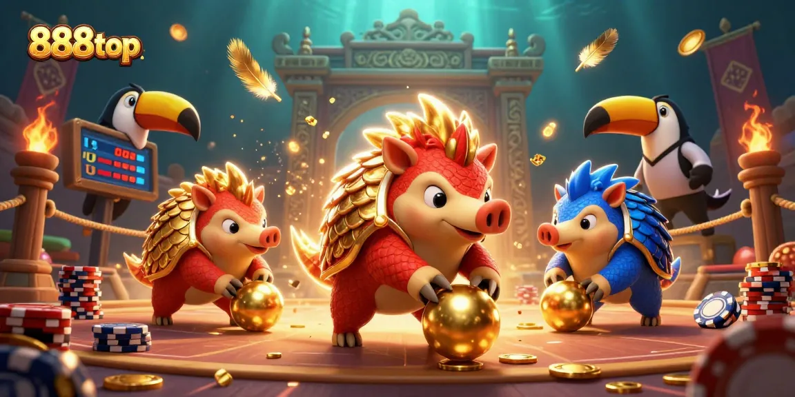 Experience the excitement of gaming at 888top with animated pangolins rolling into golden balls.