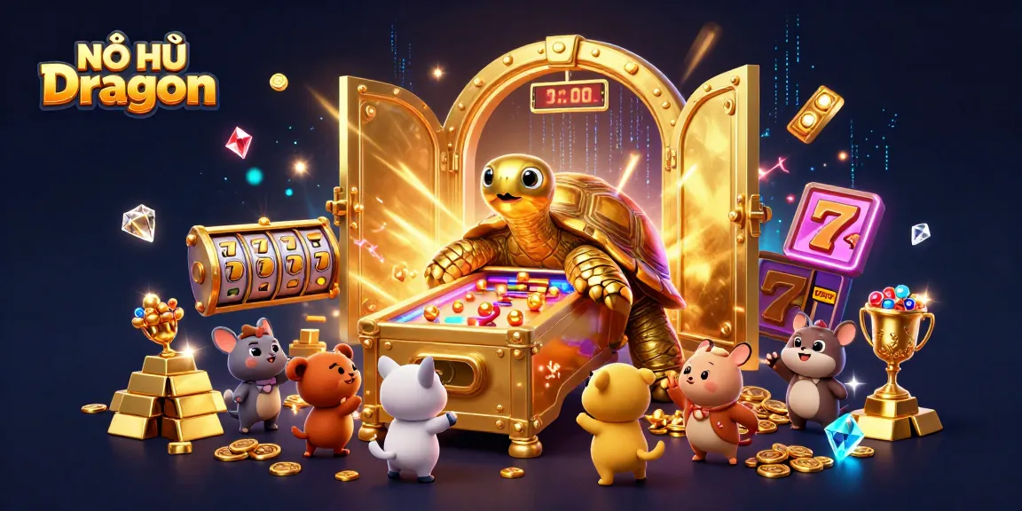 NỔ HŨ Dragoon slots excitement with golden tortoise and jackpot elements in vibrant 3D illustration