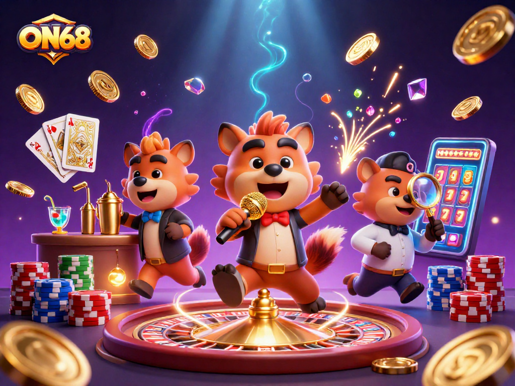 Experience ON68's exciting comedy casino with hyena characters enjoying drinks and fun activities.