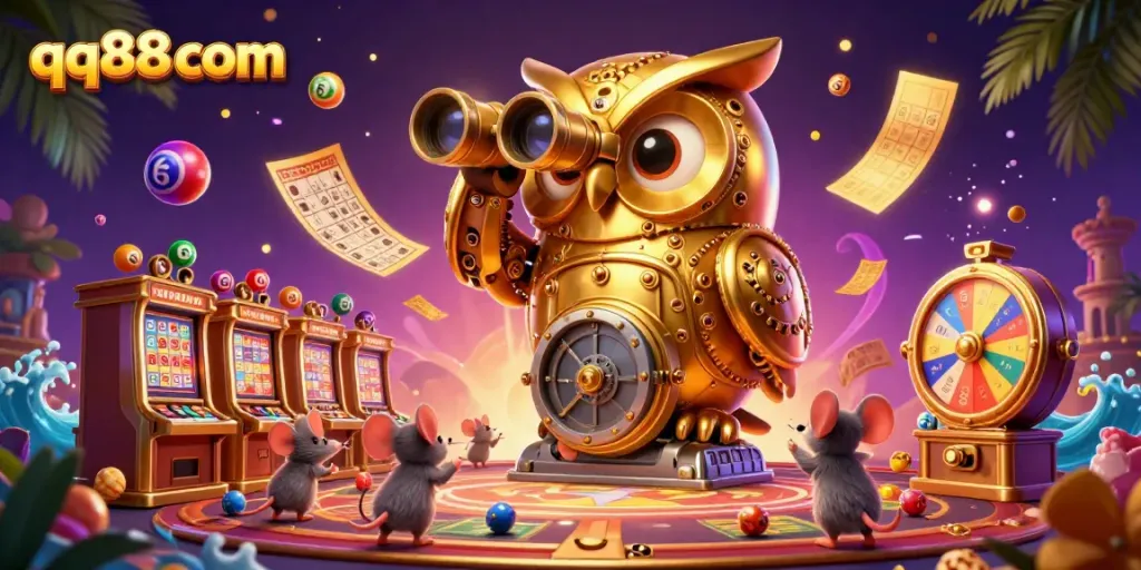 Experience thrilling games at qq88com with a 3D owl and dynamic casino elements promoting excitement.