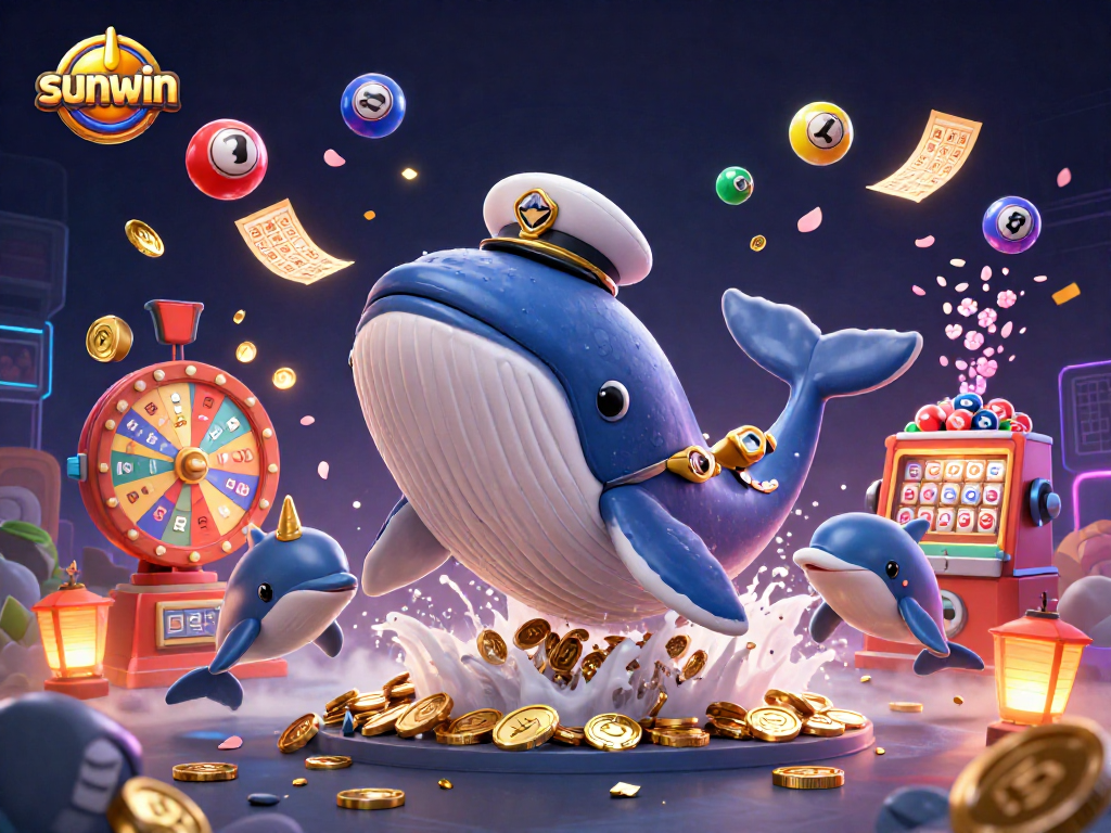 Win big with sunwin as a playful whale and friends celebrate in a vibrant casino environment.