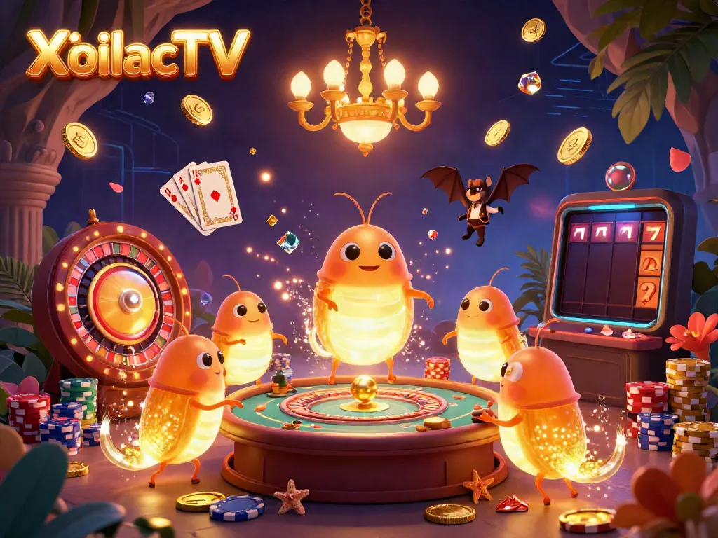 XoilacTV shines as glowworms illuminate a vibrant cave casino scene filled with cascading coins and playful lights.