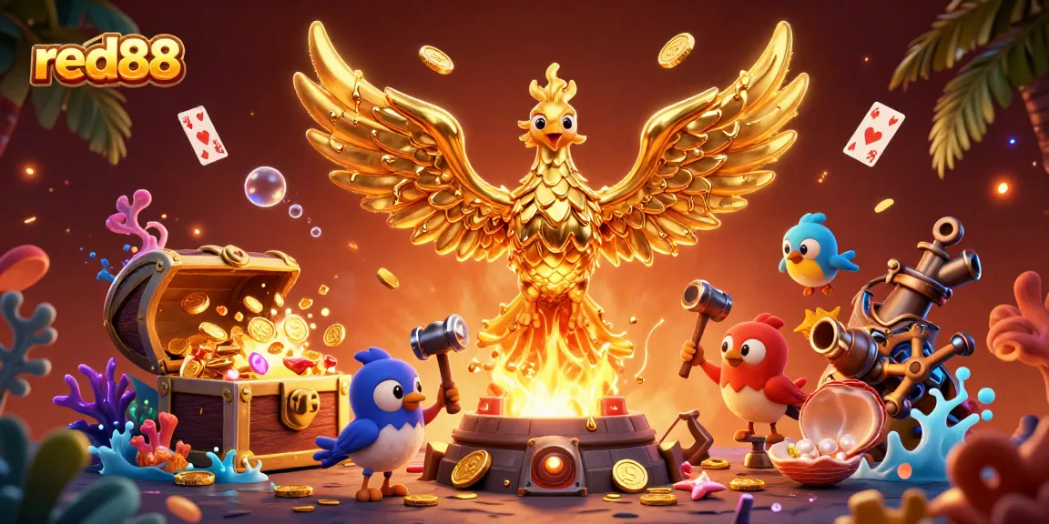 Engage with red88's vibrant casino world featuring molten golden phoenix and immersive treasure elements.