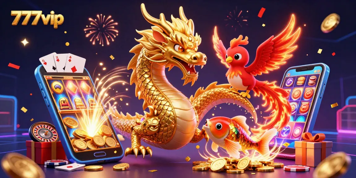 Experience thrilling gaming at 777vip with golden dragon, phoenix, and koi fish amidst casino excitement.