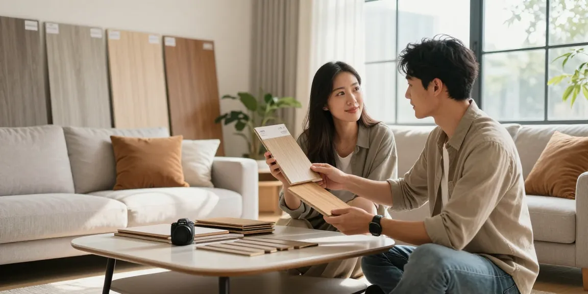 Choosing between simple flooring ideas that last, a couple examines laminate and engineered wood options in a bright living room.