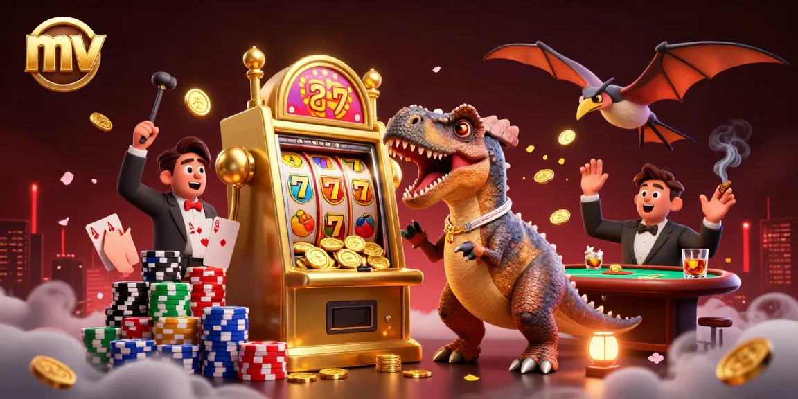Witness mv jackpot celebration as a pachycephalosaurus hits a golden slot machine amidst flying coins.