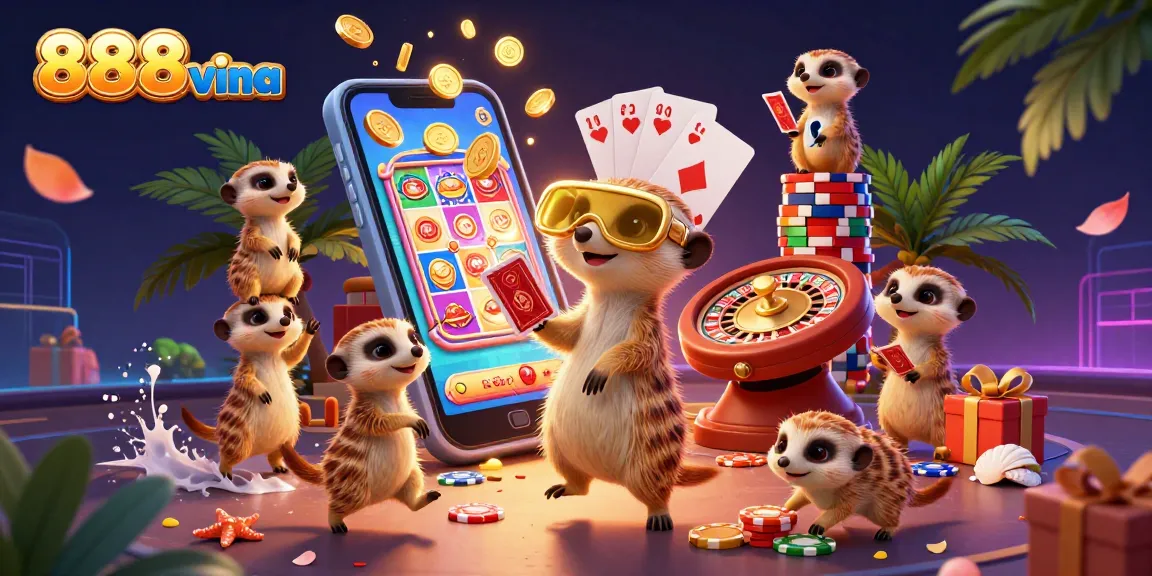Experience the excitement of gameplay at 888vina, with meerkats managing a vibrant casino.