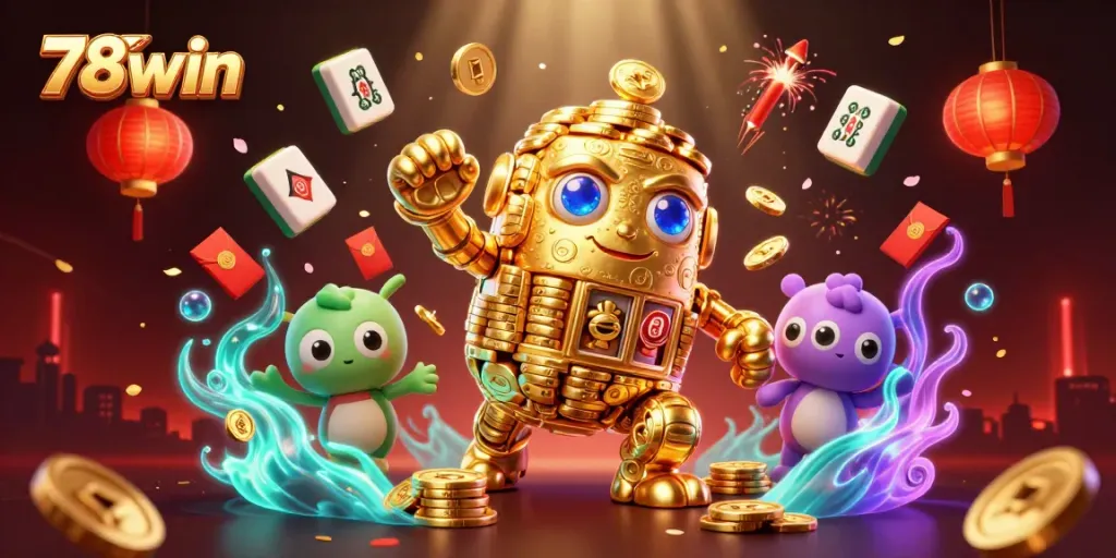 Join the excitement of 78win with a vibrant casino-themed digital illustration, featuring animated gold elements.