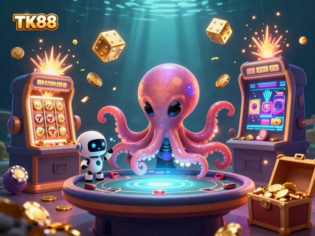 Experience the excitement of TK88 gaming with a vibrant alien octopus at a holographic poker table in a galactic casino.