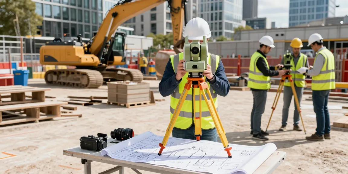 Site Engineering Setting Out Berkshire with an engineer marking reference points on a bustling London construction site, ensuring precision.