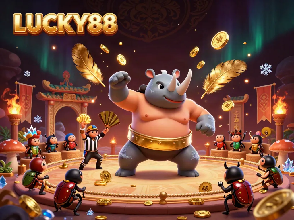 LUCKY88 casino scene featuring a rhinoceros beetle champion and cricket referee with coins flying around.