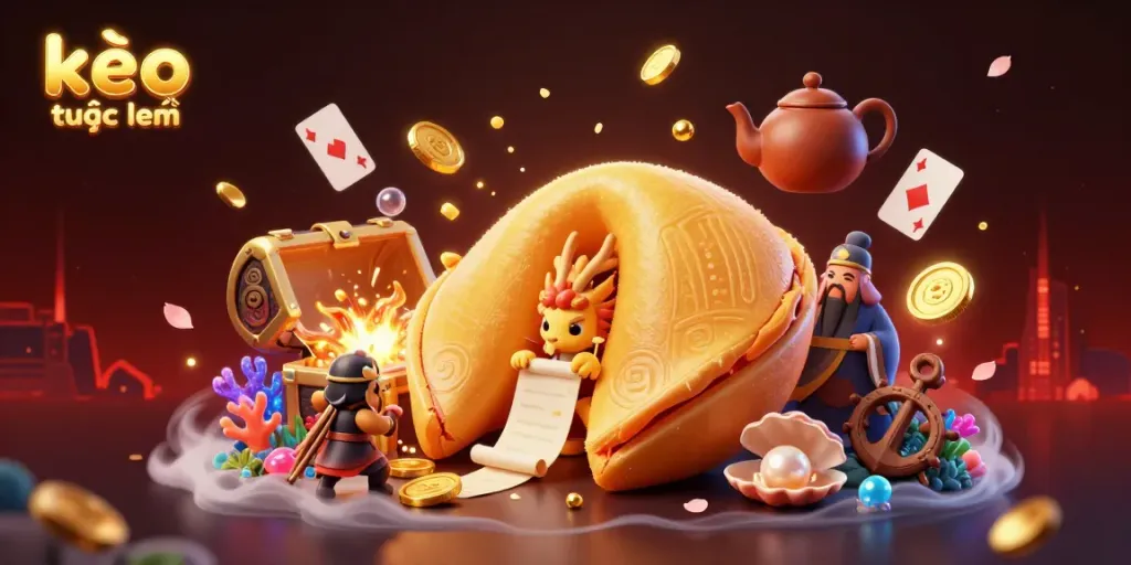 Engage with kèo trực tuyến through a dynamic 3D scene showcasing luck elements and fortune symbols.