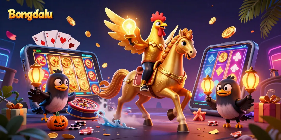 Bongdalu displays a vibrant 3D casino scene with a golden rooster riding through a neon world, surrounded by gambling elements.