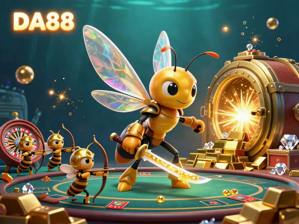 Join DA88 in a vibrant casino scene, featuring a golden hornet samurai and bee archers amidst sparkling treasures.