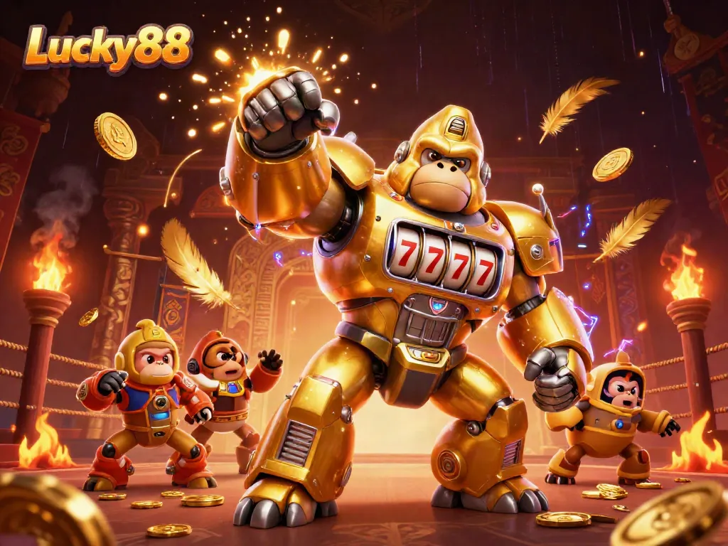 Experience the thrilling gameplay of Lucky88 with a dynamic scene of a gorilla mech and gaming elements.
