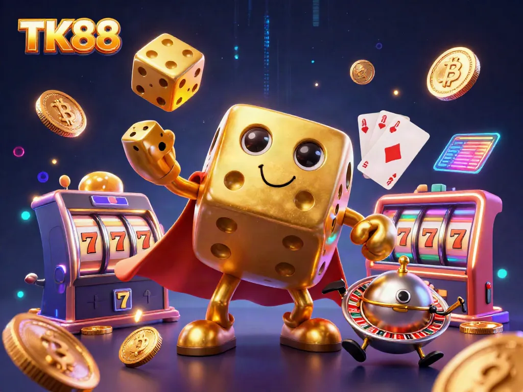 Engaging TK88 animated scene featuring a golden dice golem with slot reels and crypto elements.