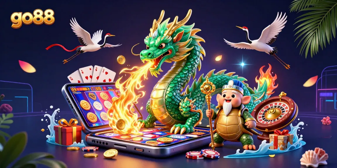 Engage in thrilling gaming with go88's dynamic 3D casino illustration featuring a jade dragon, turtle sage, and lucky cranes.