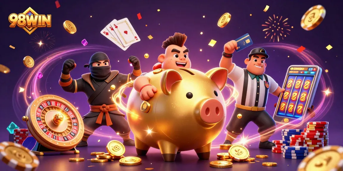 Win big with 98WIN in this vibrant illustration filled with casino action and excitement.