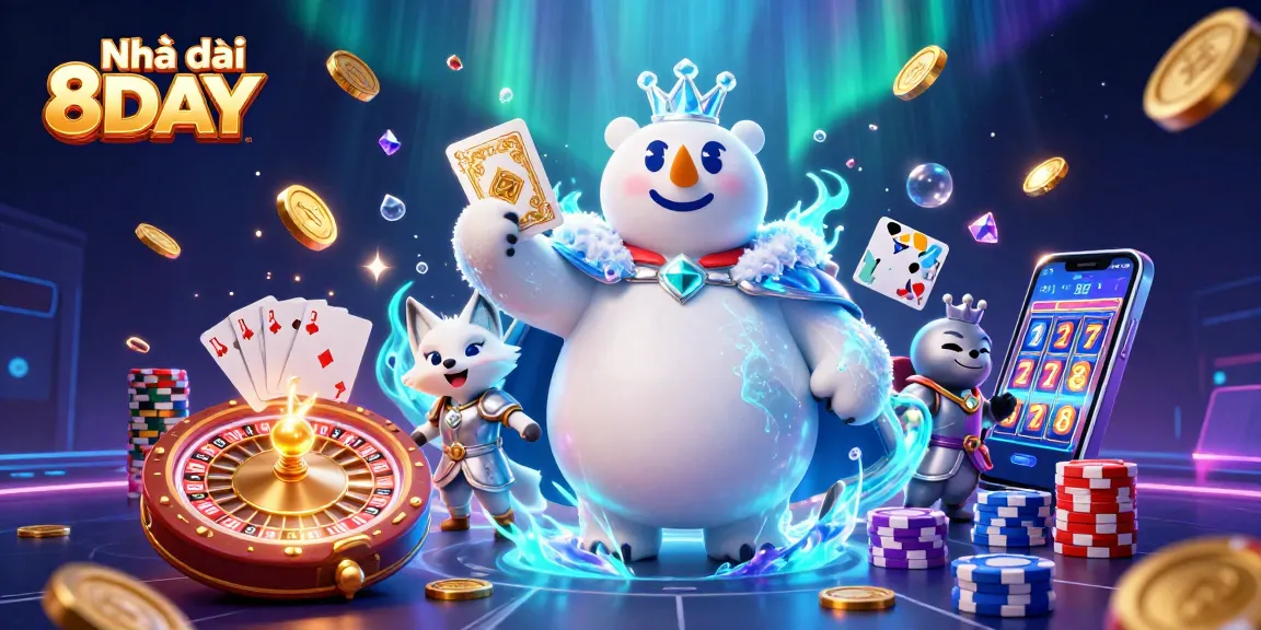 Experience the thrilling world of Nhà cái 8DAY with 3D cartoon characters and dynamic casino elements.