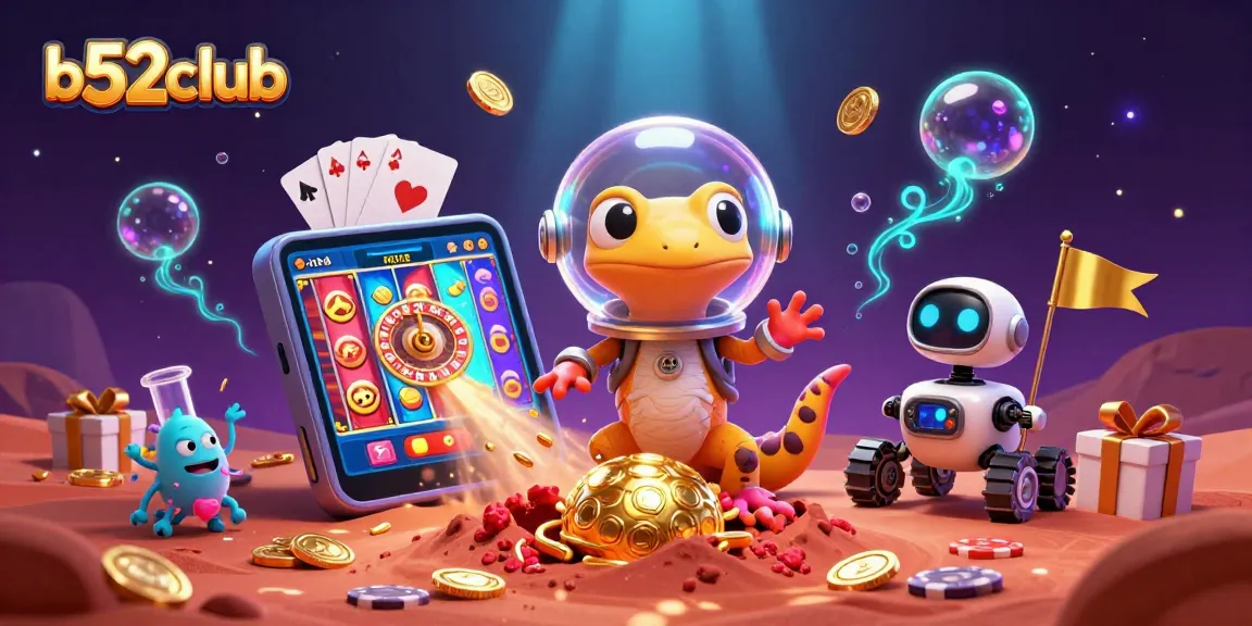 Engage with exciting b52club casino games in a vibrant, cartoon Martian scene filled with treasures.